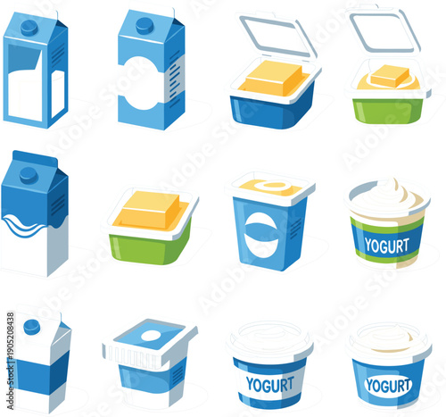 : Vector illustrations of dairy products including milk cartons butter containers and yogurt cups for healthy food concepts।