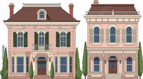 Classic European mansion facade vector illustration set with elegant residential architecture, luxury townhouse exterior design