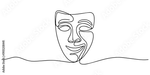World theater day banner design, with character mask sketch, continuous one line drawing, one line Art icon drawing, Greek mask one line drawing, opera event symbols continuous hand drawn, mask one.