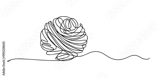 Ball of yarn continuous line sign. Round skein of knitting thread isolated on white background, Ball of yarn in continuous one line art drawing style, Ball of yarn in continuous one line art drawing.