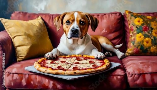 The dog is lying next to the pizza