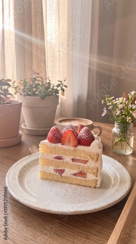 Wallpaper Mural Delicious Strawberry Layer Cake on a Cozy Wooden Table Setting Torontodigital.ca