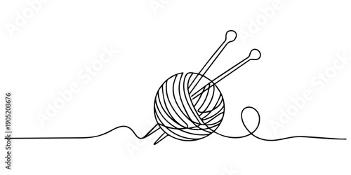 yarn ball with wooden knitting needles continuous one line drawing, Knitting Essentials Yarn Balls and Needles Line Art, yarn and crochet hook continuous one line drawing, Knitting, ball of wool pro.