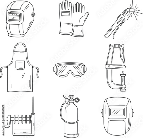Black and white line art illustrations of welding equipment safety masks gloves and protective gear for industrial concepts।