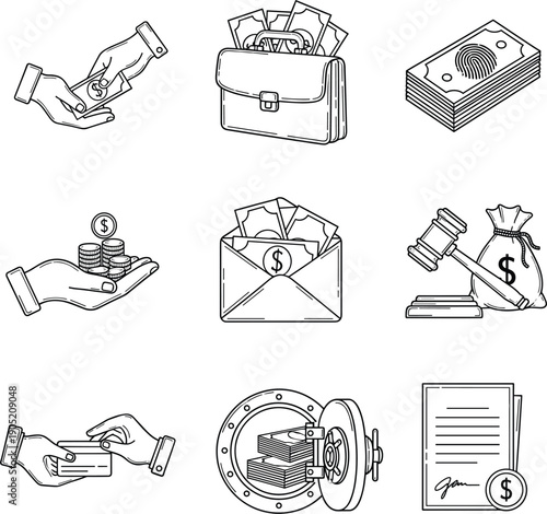 Black and white line art illustrations of financial corruption bribery legal justice and money laundry concepts।