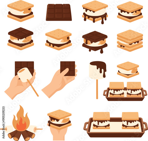 Vector illustrations of delicious s'mores marshmallows and chocolate bars for camping and outdoor dessert concepts।