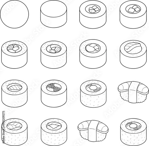 Black and white line art illustrations of assorted Japanese sushi rolls and nigiri for restaurant menu concepts।