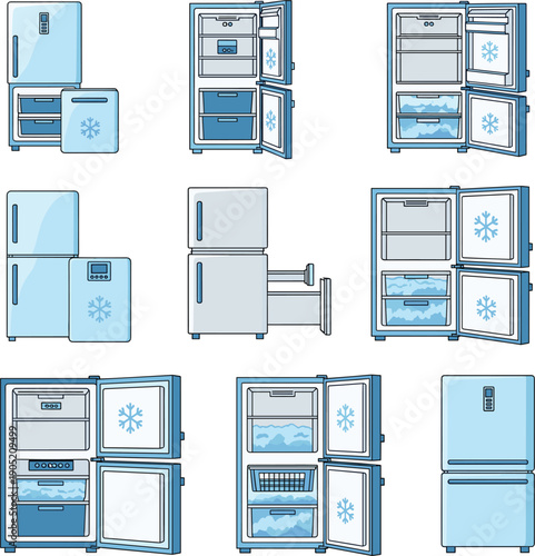 Vector illustrations of modern refrigerators and freezers with open and closed doors for home appliance concepts।