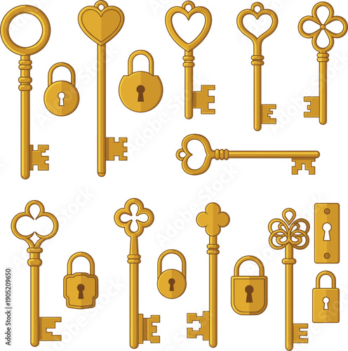 : Vector illustrations of vintage golden keys and antique padlocks for security mystery and classic design concepts।