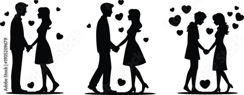 Romantic couple silhouette illustration, love symbol design, heart decoration art, affectionate relationship, Valentine’s Day concept, intimacy expression, romantic gesture