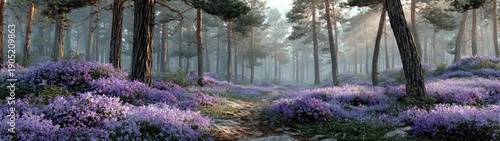 Photos Sunlit misty forest with a path winding through vibrant purple flowers
