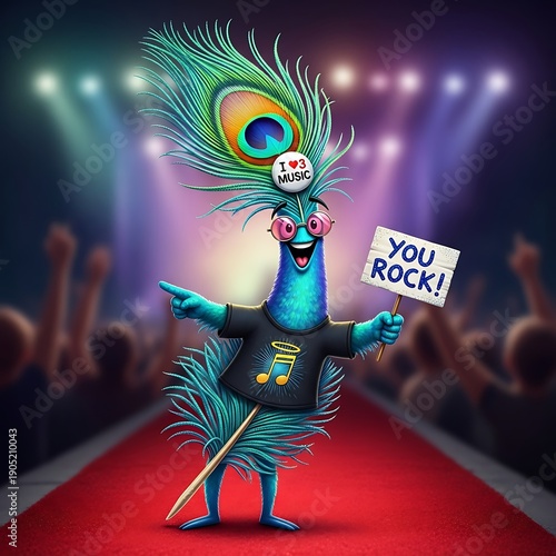 Exuberant feathered creature wearing glasses and a music themed shirt celebrates on a bright stage pathway