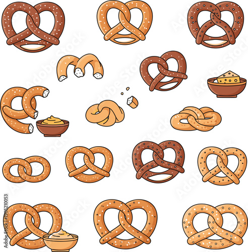 Vector illustrations of various baked pretzels with seeds salt and dipping sauces for bakery and snack concepts।