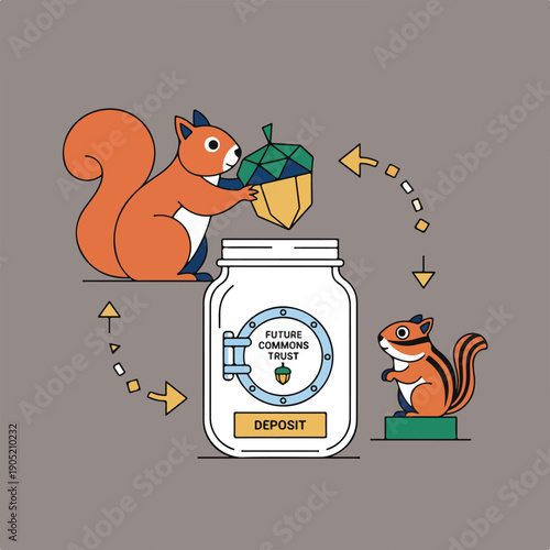 A squirrel deposits a geometric acorn into a "Future Commons Trust" jar, representing a cyclical process of saving and communal benefit, with another squirrel observing.