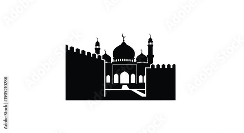 Taj Mahal silhouette with domes and minarets in black and white
