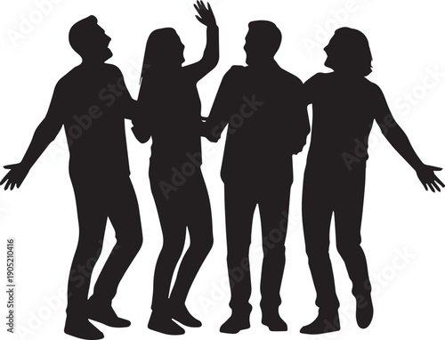 Happy friends having fun dancing together party people smiling enjoying music vector silhouette