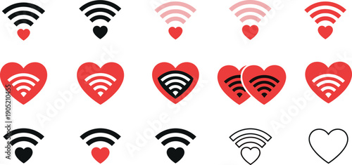 Wi-Fi heart icon set, digital love illustration, online connection artwork, technology romance graphic design, connectivity vector, colorful symbol pack collection