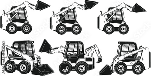 Skid steer loader illustration set, construction vehicle artwork, heavy machinery graphic design, industrial equipment vector, compact digger icon pack collection
