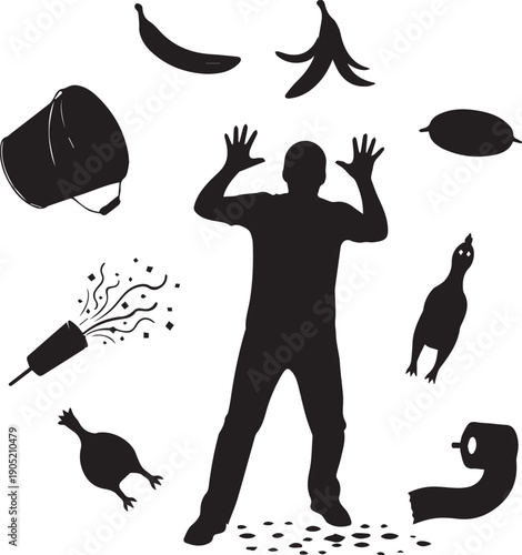 Man falling down from various messy objects chaos scene silhouette vector