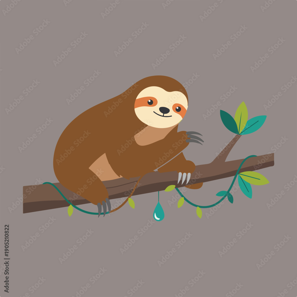 Fototapeta premium A friendly cartoon sloth with a wide smile clings to a tree branch, adorned with green vines and a single blue water drop, presented in a flat vector style.