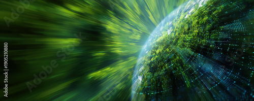 Digital background with green planet surface and flowing ecological data streams