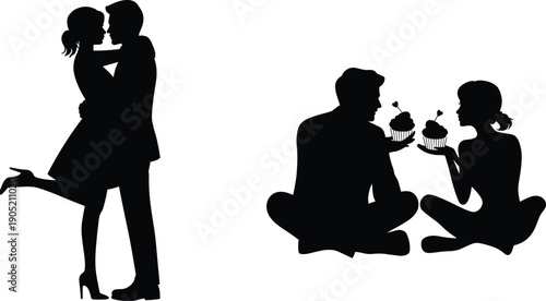 Romantic couple silhouette illustration, love embrace design, sweet moment art, Valentine’s Day concept, affectionate relationship, celebration of intimacy, shared experience