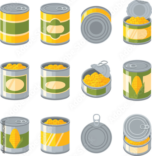 : Vector illustrations of canned sweet corn in various states including closed open and top views for food packaging concepts।