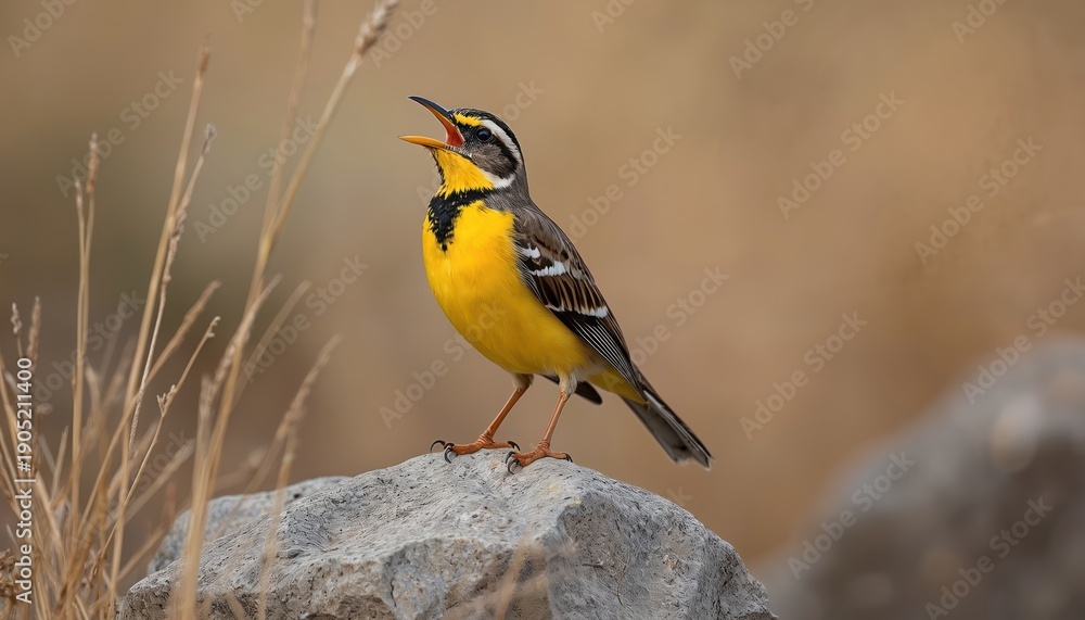 Obraz premium Western meadowlark bird sings on rock. Bright yellow breast plumage contrasts with dark throat markings. Bird has open beak singing tune. Avian wildlife outdoor scene.