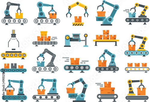 Vector illustrations of industrial robotic arms and automated conveyor belt systems for smart factory and manufacturing concepts।