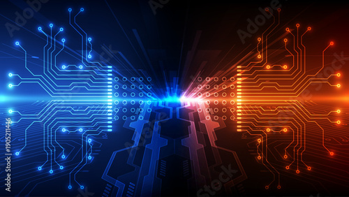 Abstract Digital Circuit Background: Dual Tone Blue and Orange Futuristic Connection Technology
