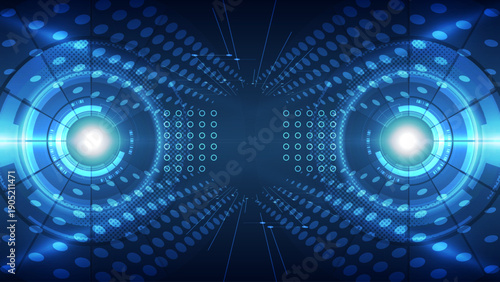 Futuristic Dual Lens Technology Background: Abstract Digital Eye Interface with HUD Elements
