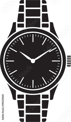 Black and white wristwatch with analog display and metal bracelet