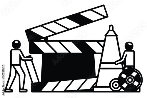 Two People Moving House with Hand Truck and Cardboard Boxes Flat relocation flat black and white