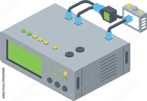 Isometric vector illustration of a laboratory oscilloscope and electronic signal testing equipment with connected cables।