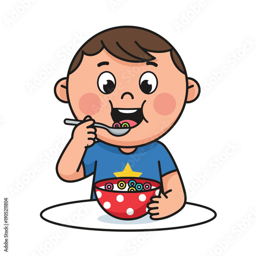 A cheerful cartoon boy eating a bowl of cereal wit