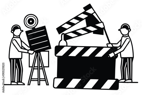 Two People Operating Vintage Camera and Clapperboard Flat