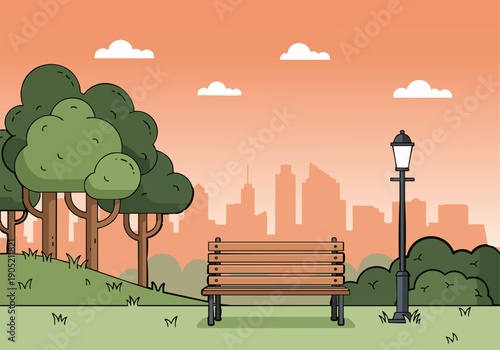 Peaceful City Park at Dusk with Bench and Street Lamp – Flat Vector