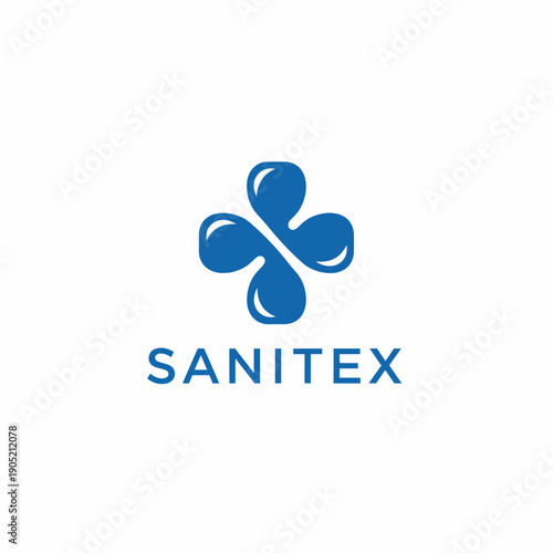 Blue water droplets in cross shape icon for pharmaceutical or hygiene product logo design for Sanitex medical liquid antiseptic brand