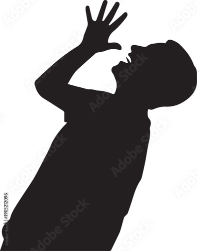 Black vector silhouette illustration of person looking up with hand raised and open mouth yelling