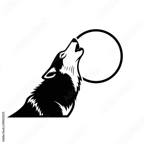 A black and white illustration of a wolf howling a