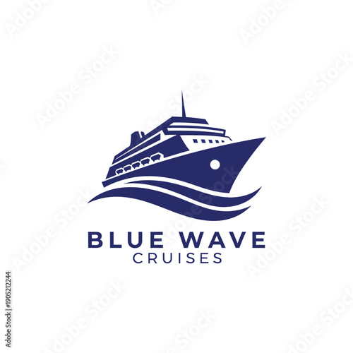 Cruise ship on ocean waves icon for luxury maritime vacation or boat tour agency logo design featuring Blue Wave Cruises brand identity text