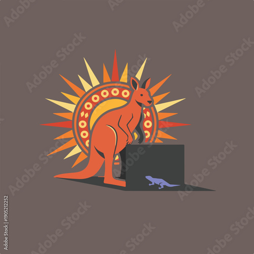 A stylized orange kangaroo stands by a dark block with a purple lizard, silhouetted against a radiant sun emblem in a warm-toned vector illustration.