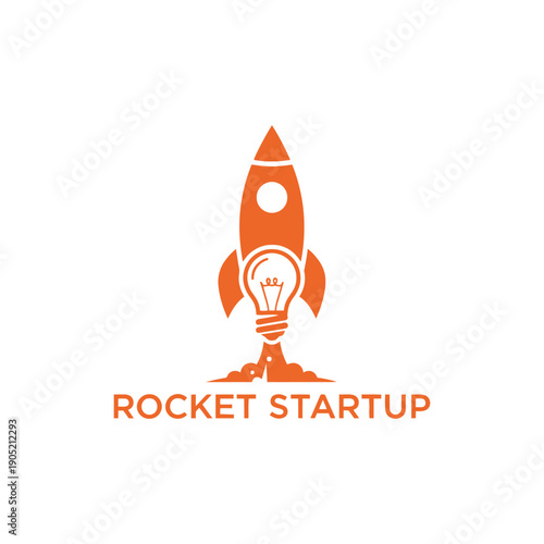 Creative rocket ship and light bulb idea logo for tech innovation or startup incubator business identity with the text Rocket Startup