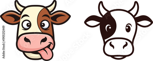 Cartoon cow faces, one with tongue out and happy expression, the other a simple black and white outline illustration for a farm animal concept