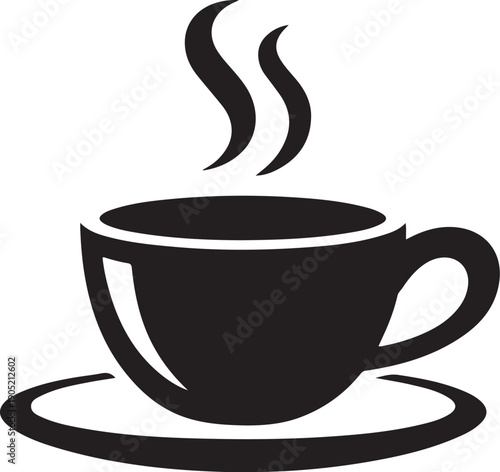 Black coffee cup with steam on saucer