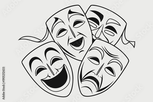 Two Stylized Black and White Laughing Theatrical Comedy Drama Masks