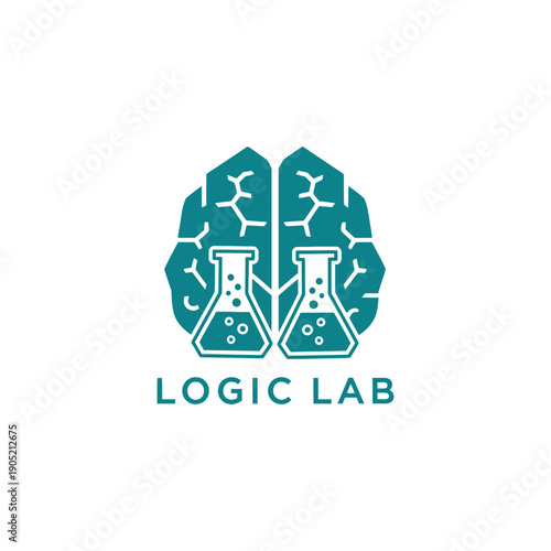 Brain icon with chemistry flasks for educational research or diagnostic medical center logo design featuring Logic Lab text as brand name