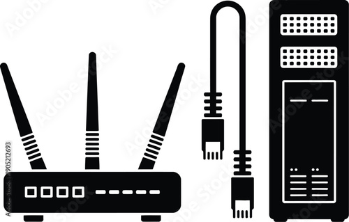 A black and white illustration depicting a wireless router and server rack high-quality professional detailed