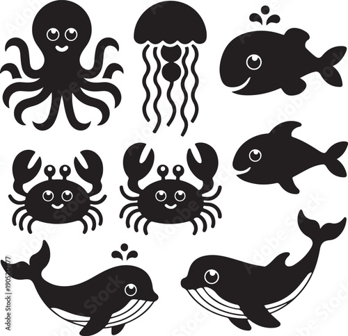 Decorative fish icons and marine life silhouettes vector set,Sea life vector silhouettes collection