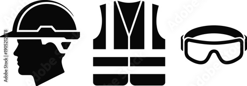 A black and white illustration depicts essential personal protective equipment for workplace safety high-quality professional